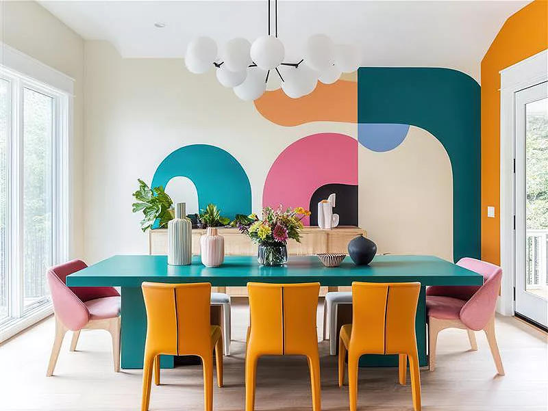 New Retro trendy decor in a colorful dining room
